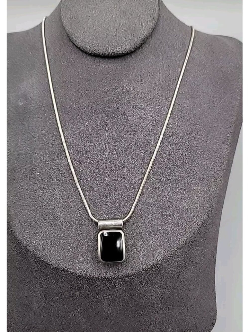 Sterling Silver Inlaid Onyx Box Pendant Necklace 925 Italy 18" Chain Vintage